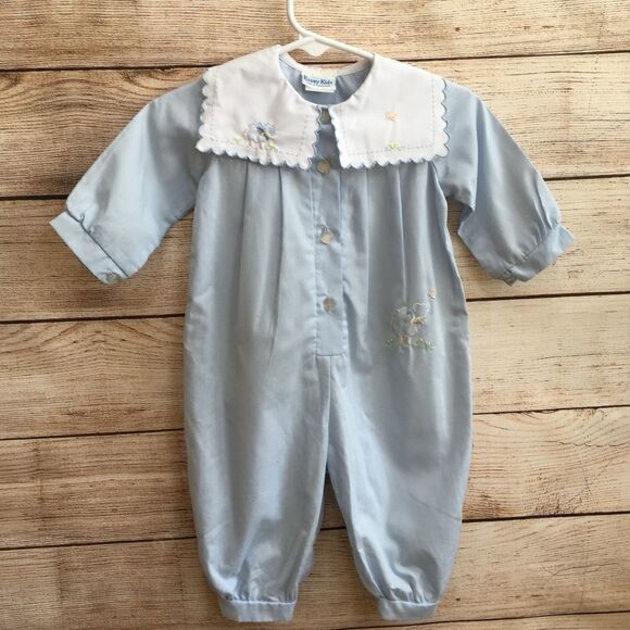 VINTAGE ROSEY KIDS EMBROIDERED ROMPER IN BLUE - Picture 1 of 7